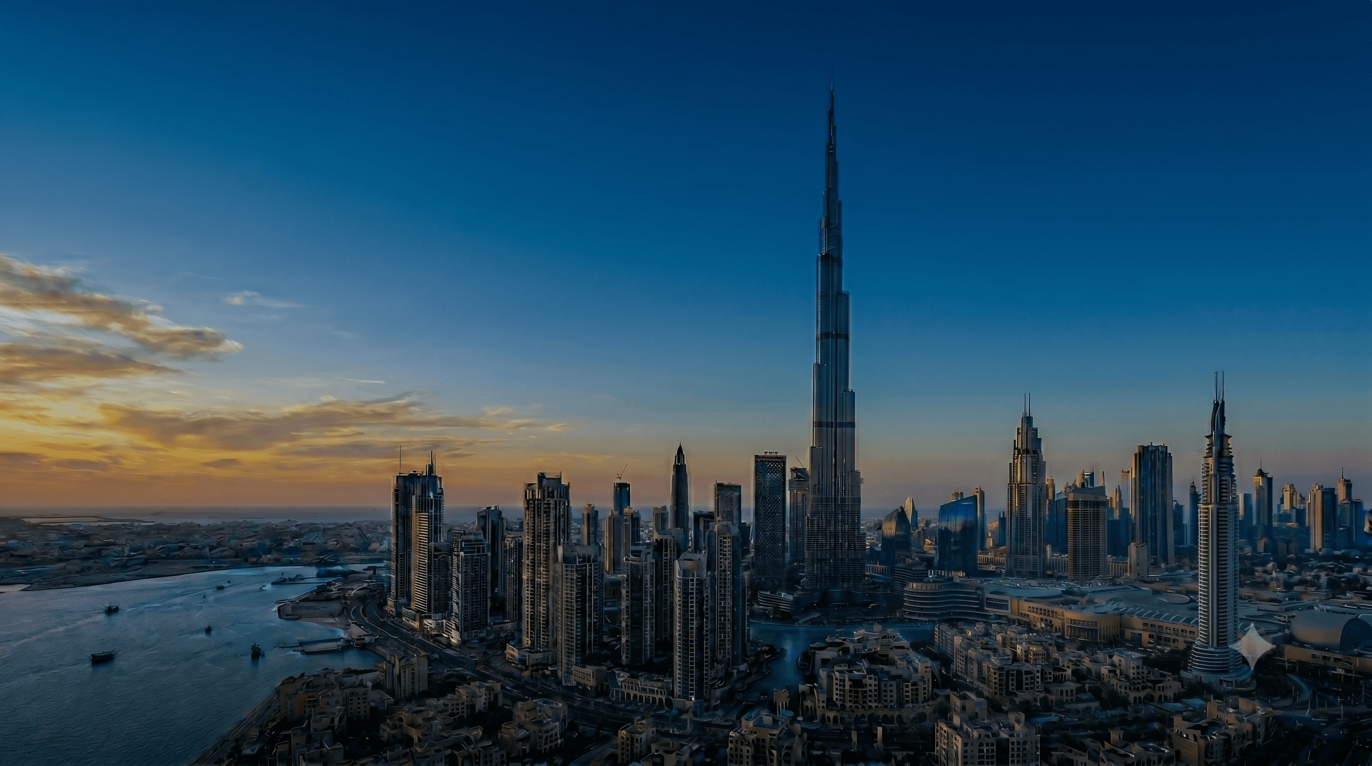 The Burj Khalifa dominates the Dubai skyline during a vibrant sunset over the water.